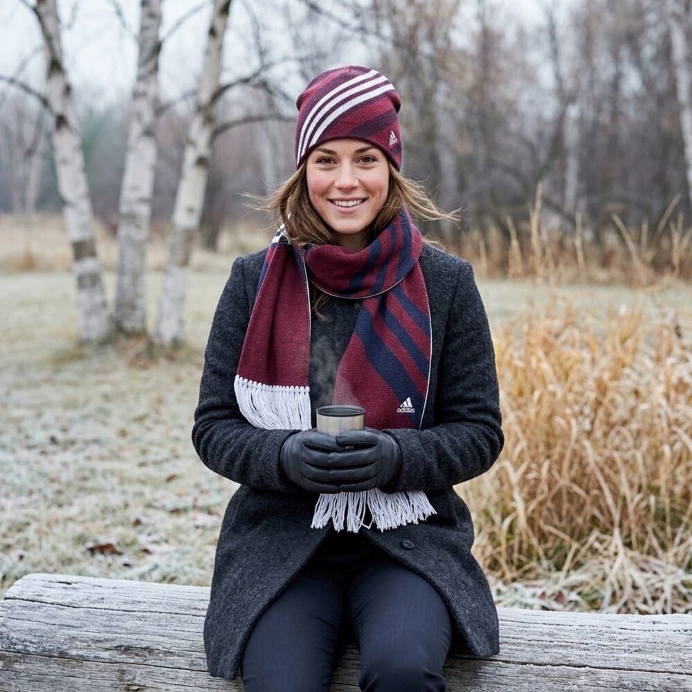 Adidas Striped Fringe Scarf and Matching Beanie Set in Maroon